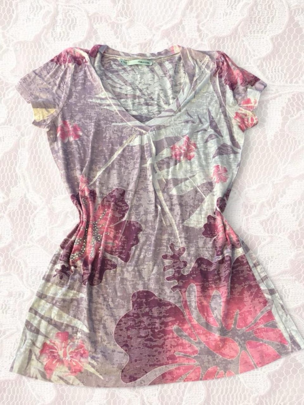 Women’s Floral V-Neck Short Sleeve Top - Pink & Lavender